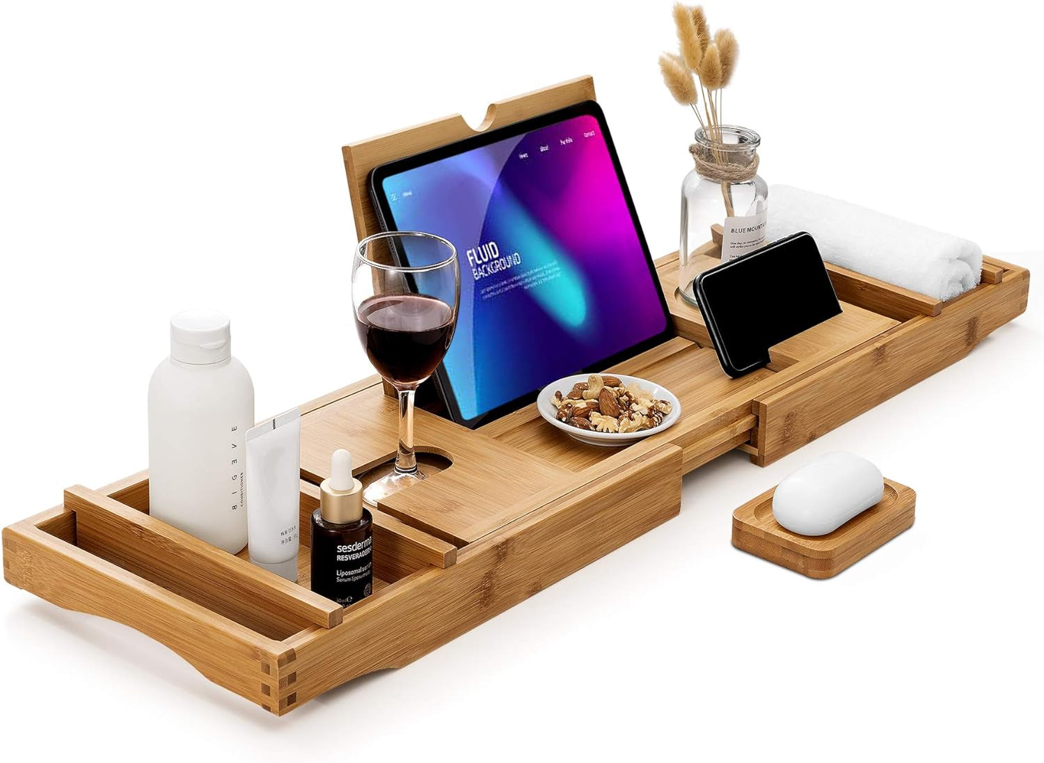 Bamboo Bathtub Caddy Tray with Extending Sides, Cellphone Tray and Wineglass Holder，Free Soap Holder